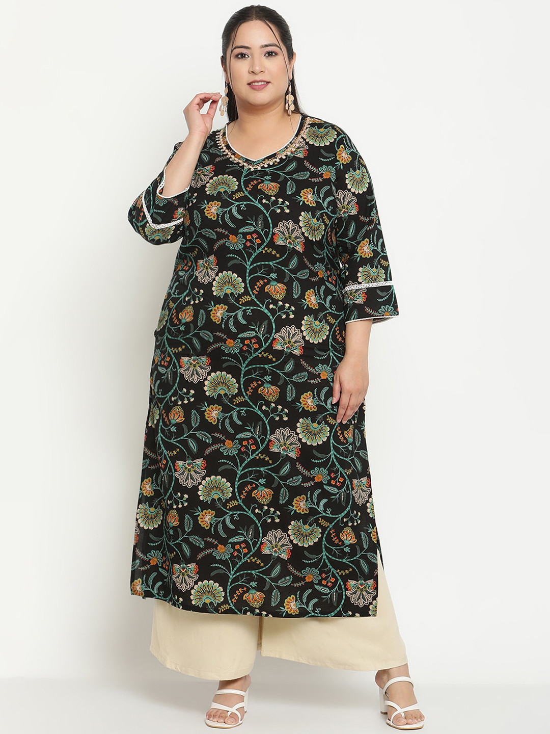 

Sringam Plus Size Ethnic Motifs Printed Pure cotton Kurta, Black