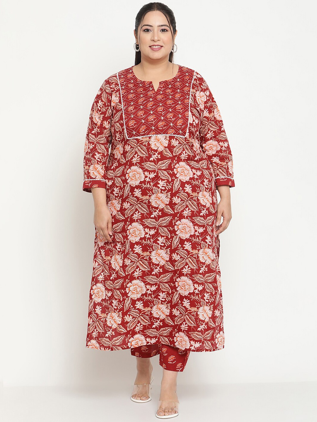 

Sringam Plus Size Floral Printed Beads and Stones Screen Pure Cotton Kurta with Trousers, Red