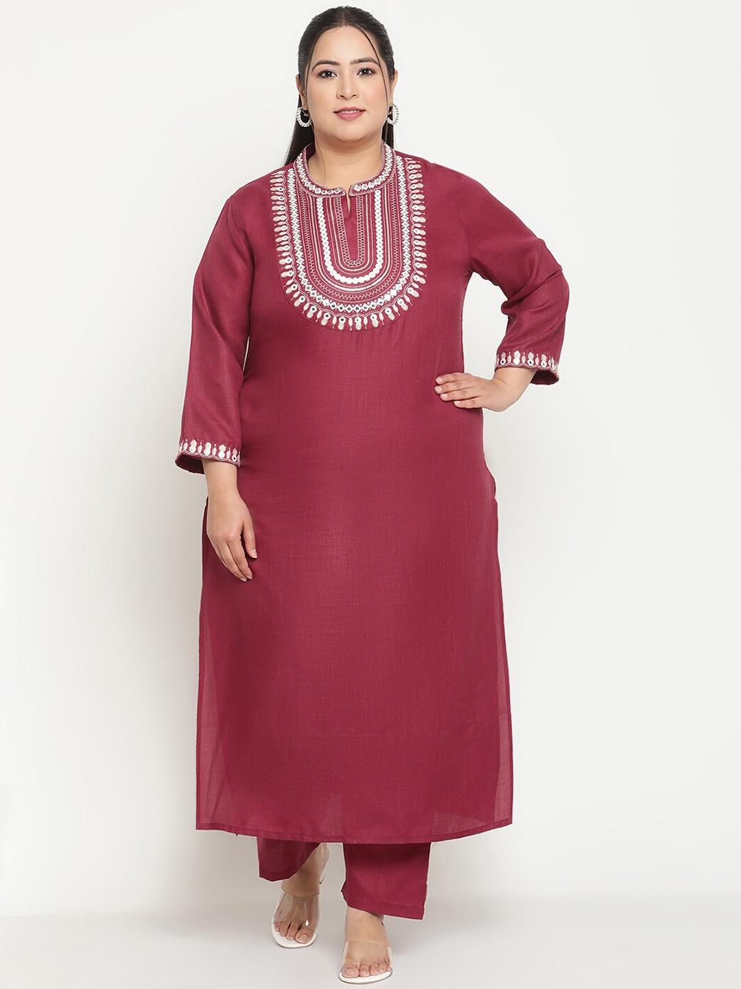 Sringam Plus Size Ethnic Motifs Embroidered Mirror Work Straight Kurta with Trousers, Burgundy