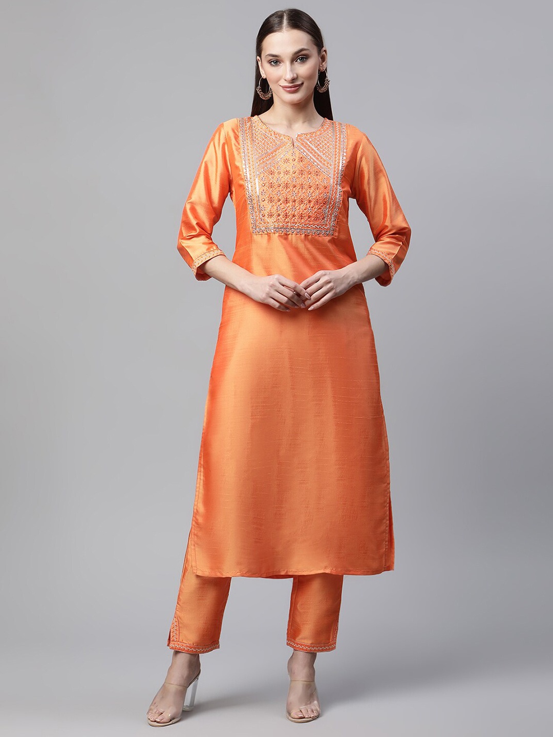 

Sringam Ethnic Motifs Embroidered Mirror Work Straight Kurta with Trousers, Orange