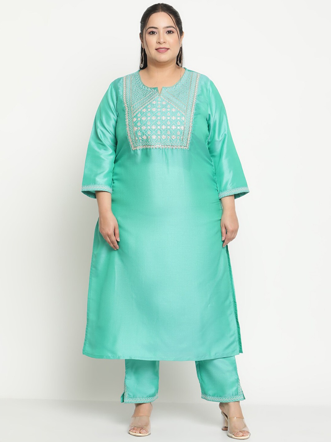 

Sringam Plus Size Ethnic Motifs Embroidered Sequined Straight Kurta with Trousers, Sea green