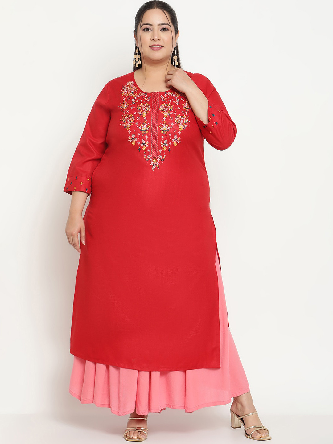 

Sringam Plus Size Embroidered Thread Work Silk Cotton Kurta, Red