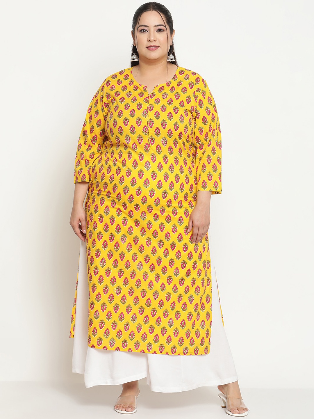 

Sringam Plus Size Ethnic Motifs Printed Round Neck Pure Cotton Kurta, Yellow
