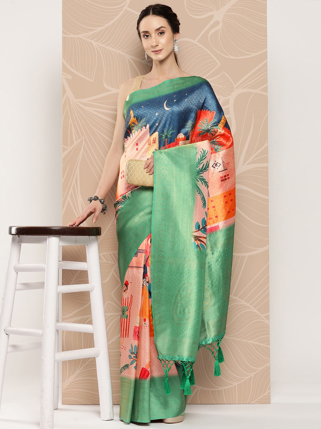 

VASTRANAND Kalamkari Zari Banarasi Saree, Teal