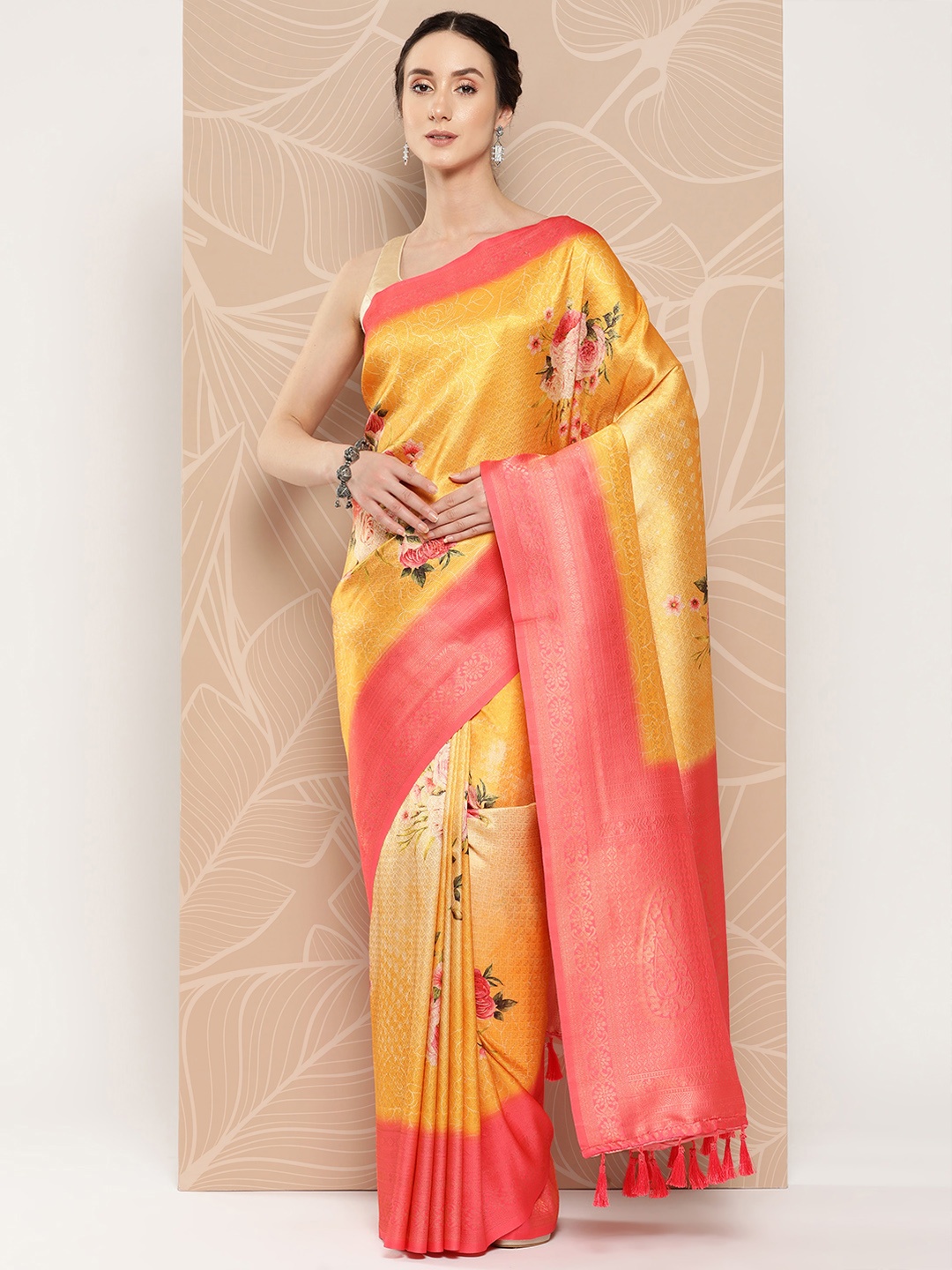

VASTRANAND Yellow & Coral Floral Designer Banarasi Saree