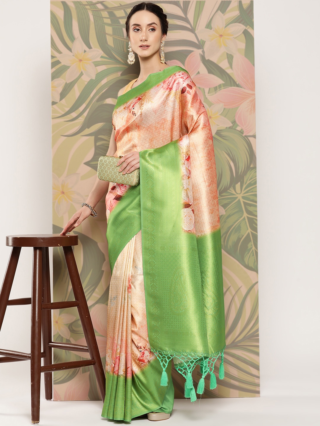 

VASTRANAND Orange & Green Floral Zari Banarasi Saree