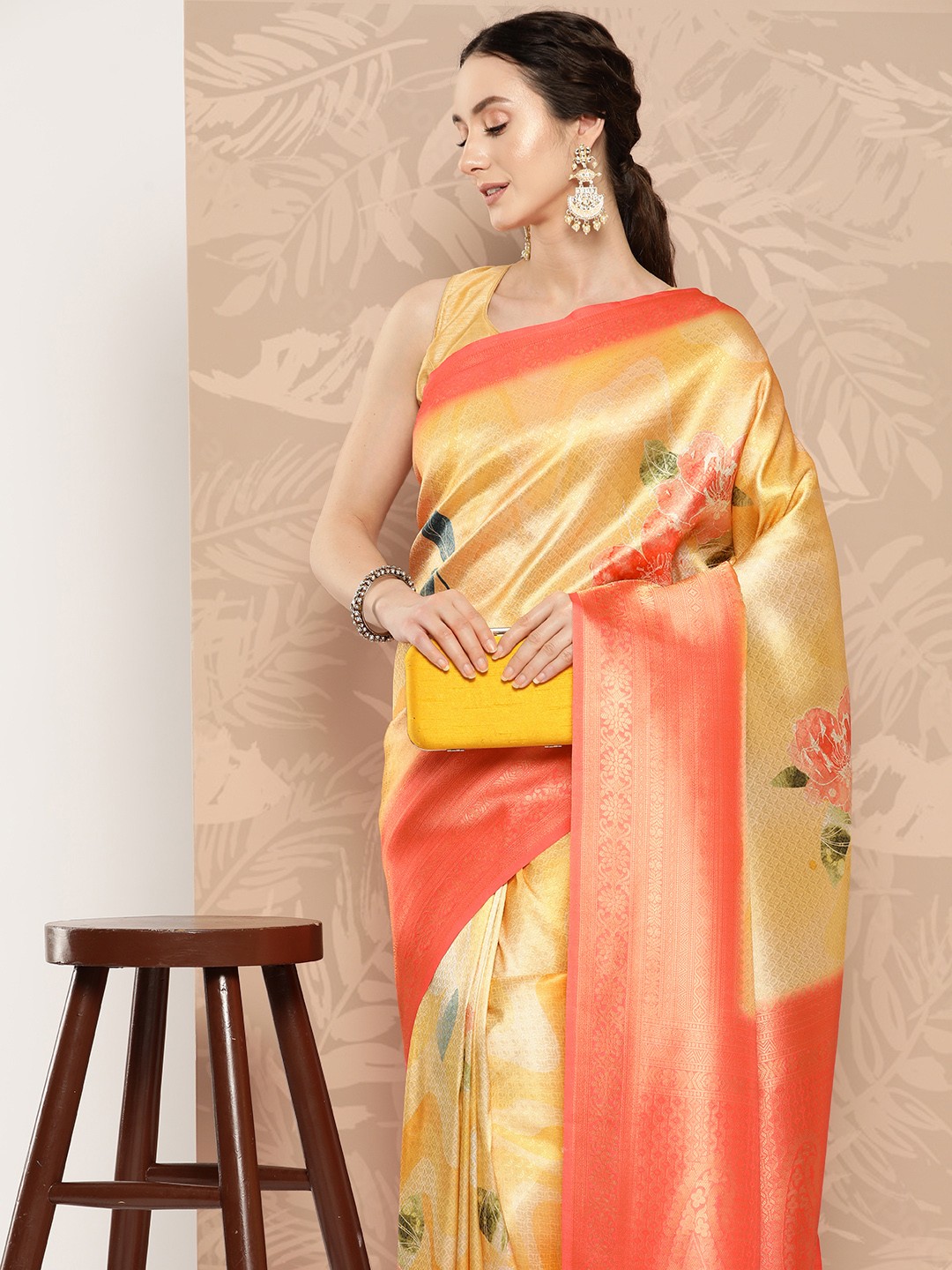 

VASTRANAND Yellow & Red Floral Zari Banarasi Saree