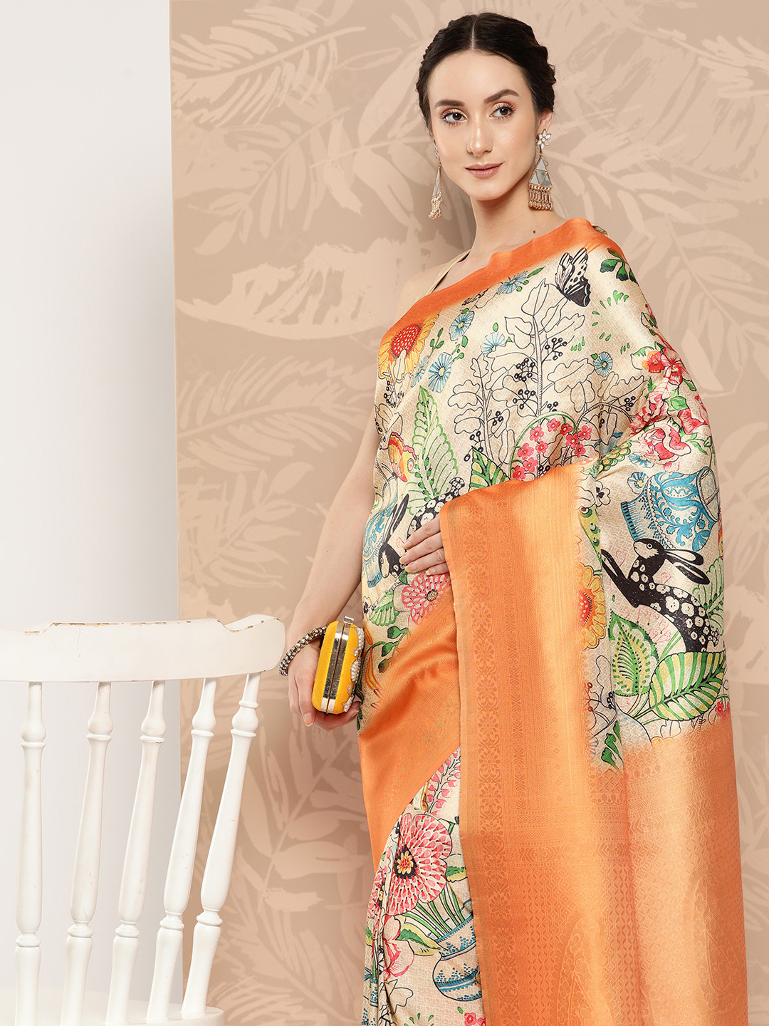 

VASTRANAND Orange & White Zari Banarasi Saree
