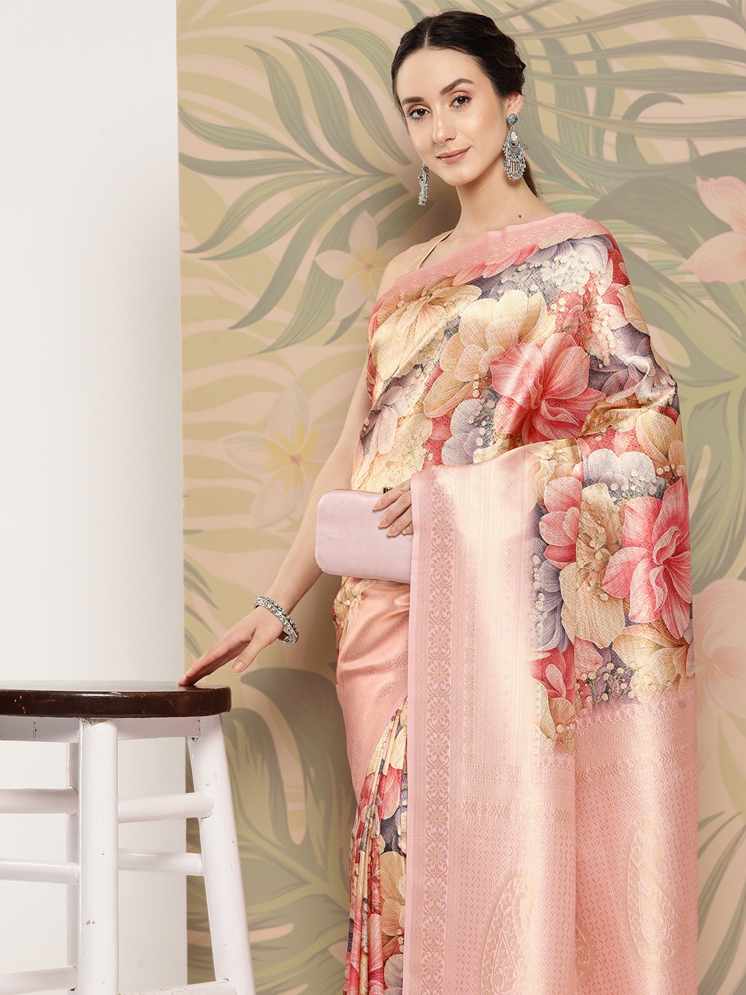 

VASTRANAND Pink & Yellow Floral Zari Banarasi Saree