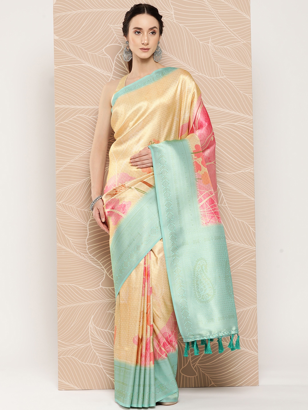 

VASTRANAND Yellow & Blue Floral Zari Banarasi Saree