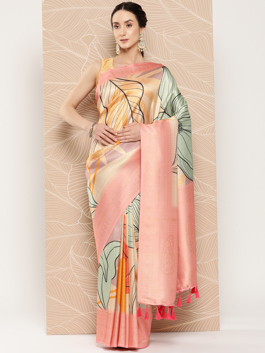 

VASTRANAND Pink & Yellow Floral Zari Banarasi Saree