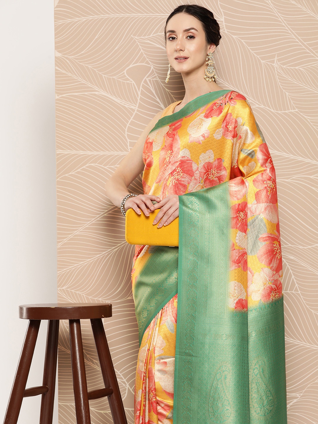 

VASTRANAND Yellow & Green Floral Zari Banarasi Saree