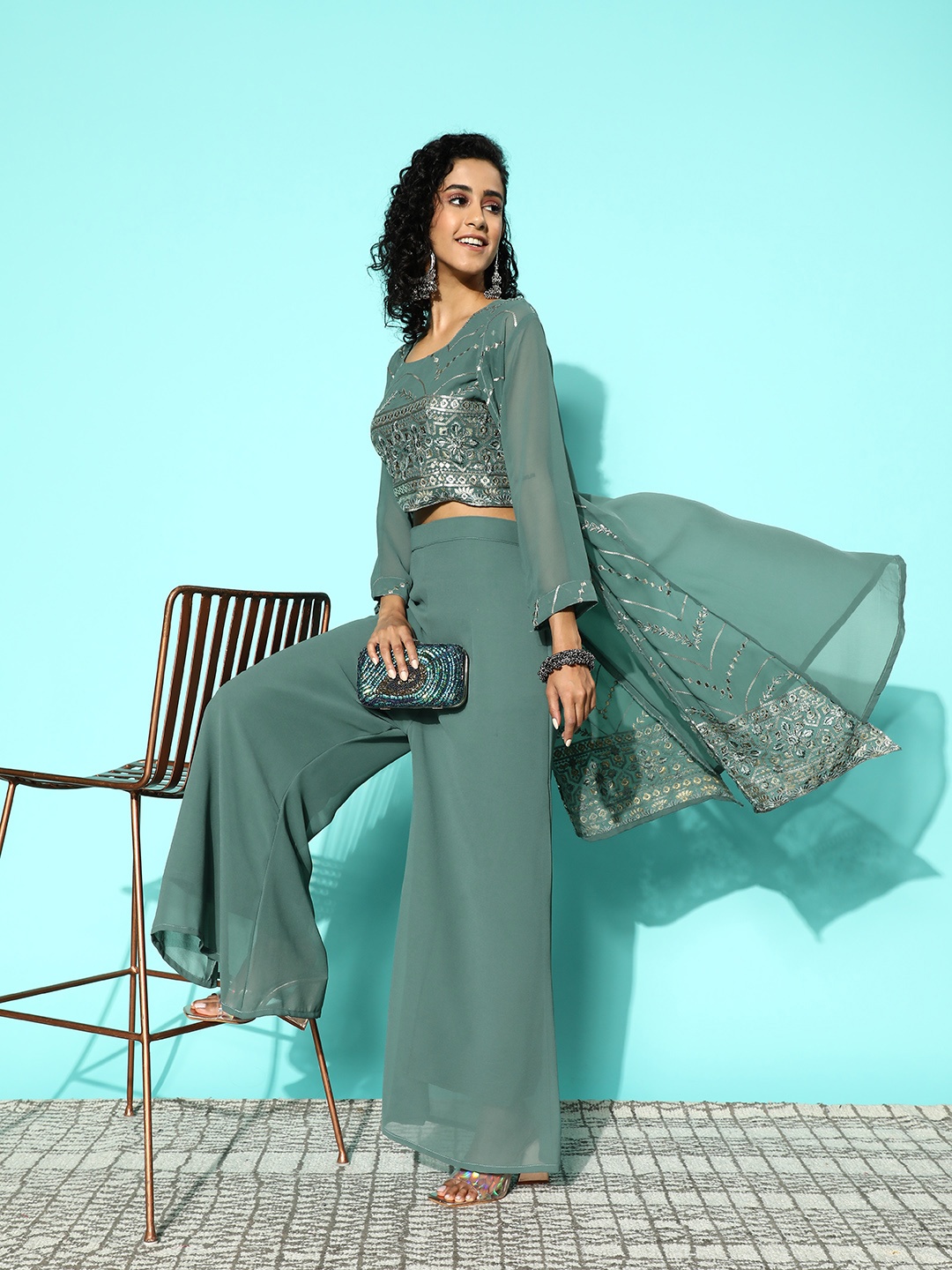

Kvsfab Women Embroidered Georgette Sequinned Top With Palazzos & With Shrug, Teal