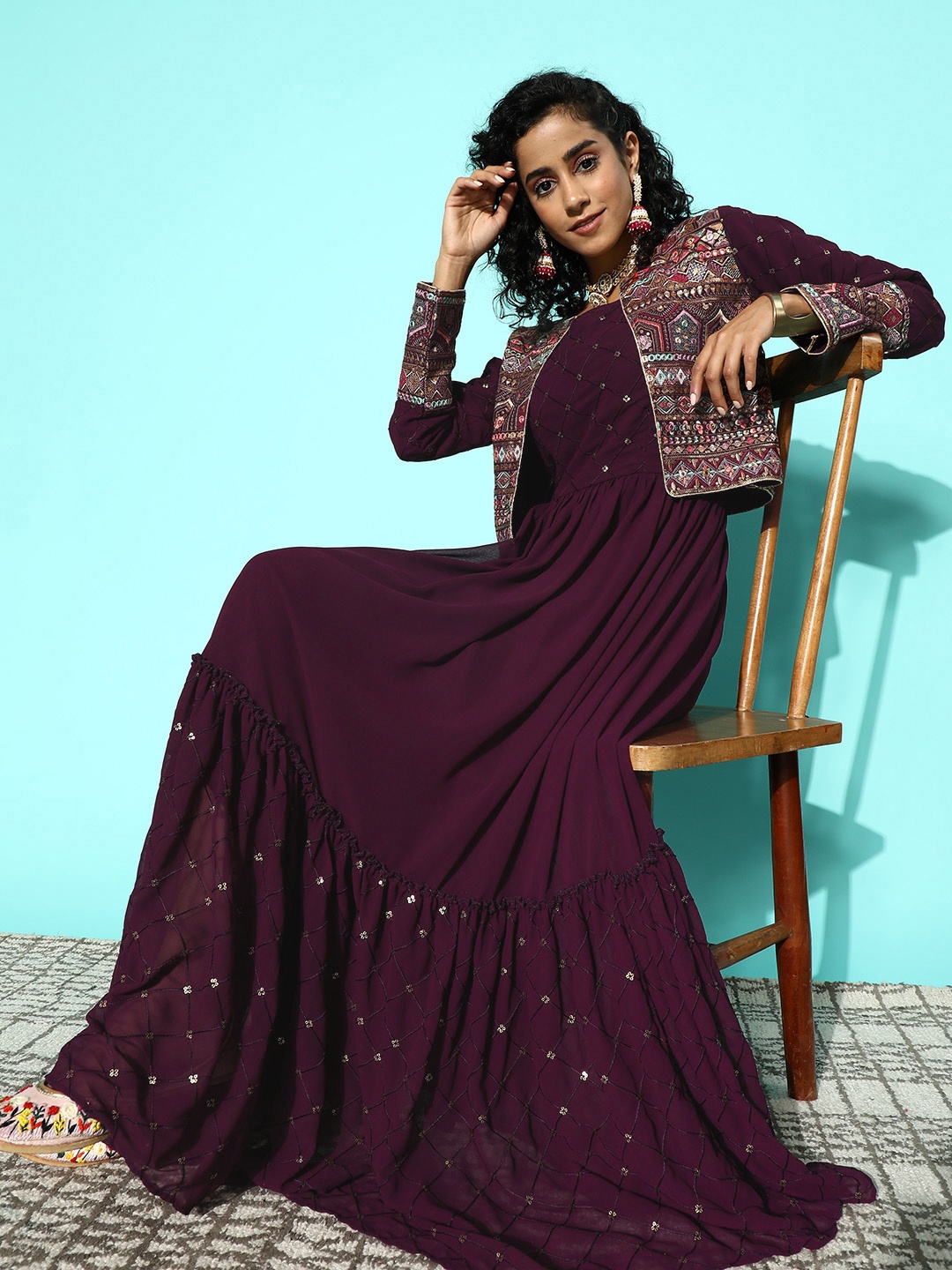 

Kvsfab Ethnic Motifs Embroidered Georgette Fit & Flare Maxi Ethnic Dress, Burgundy