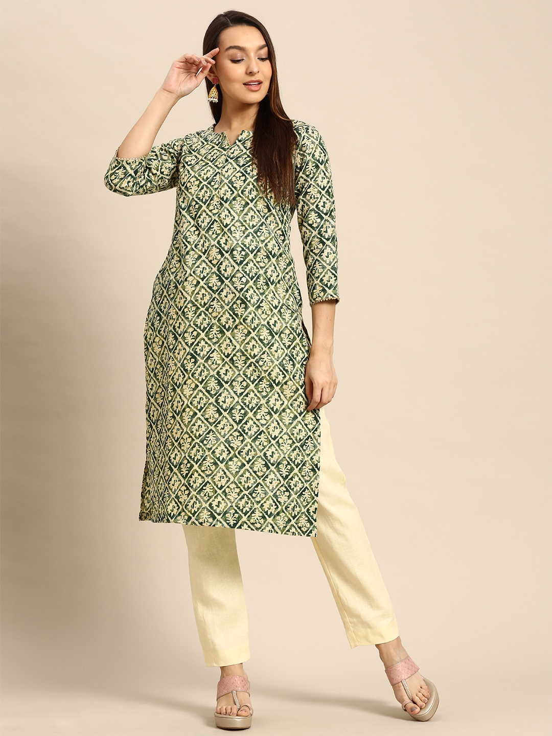 

Anouk Women Green & Beige Floral Printed Kurta