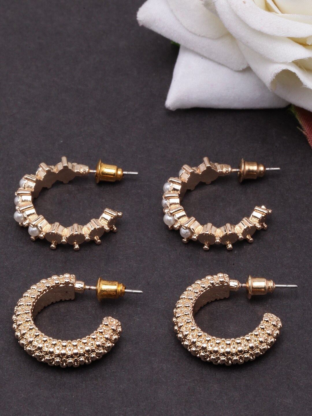 

DressBerry Set Of 2 Gold-Plated Beads Studded Circular Half Hoop Earrings, White