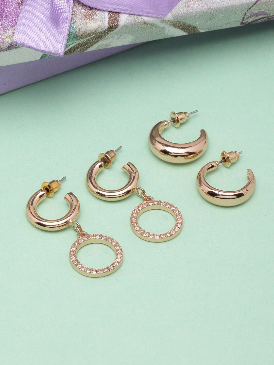 

DressBerry Set Of 2 Gold-Plated Rhinestone Studded Half Hoop Earrings, White