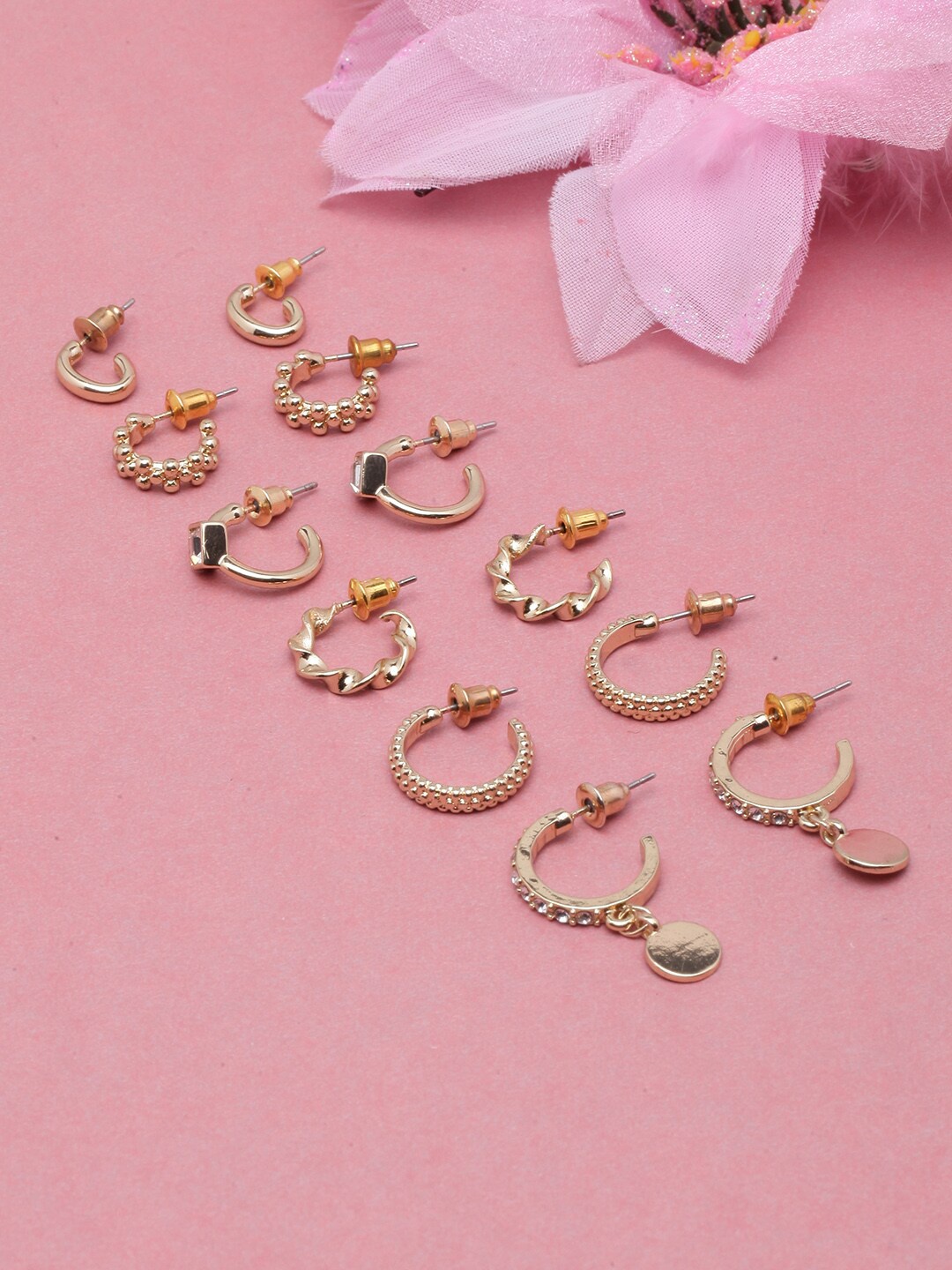 

DressBerry Set Of 6 Gold-Plated Rhinestone Studded Circular Half Hoop Earrings, White