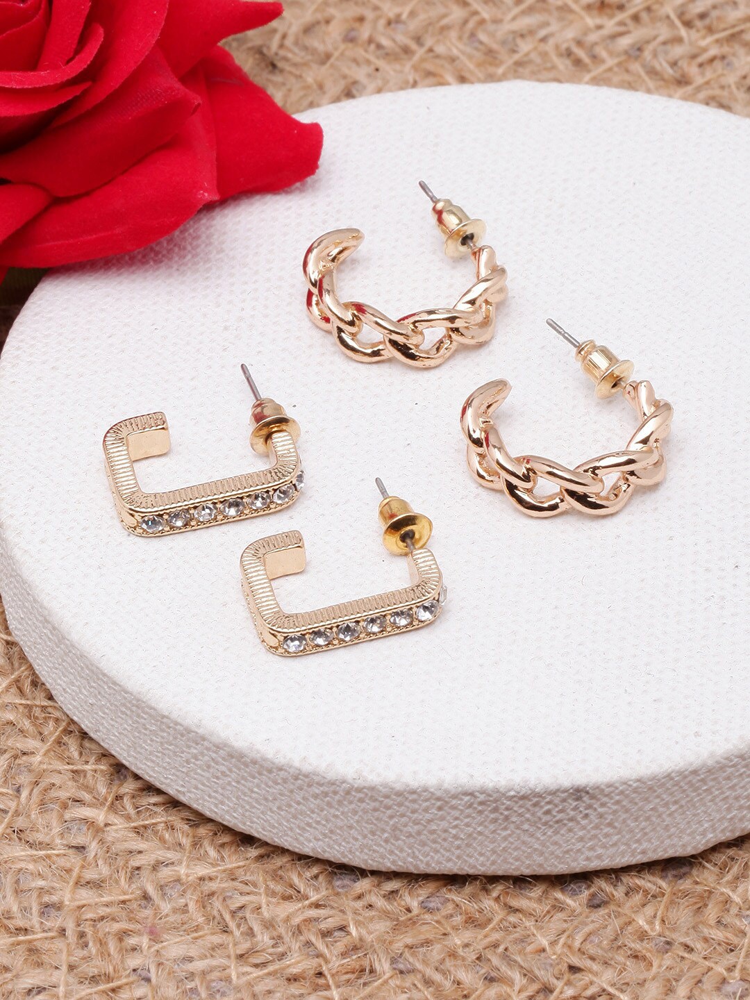 

DressBerry Set Of 2 Gold-Plated Rhinestone Studded Half Hoop Earrings