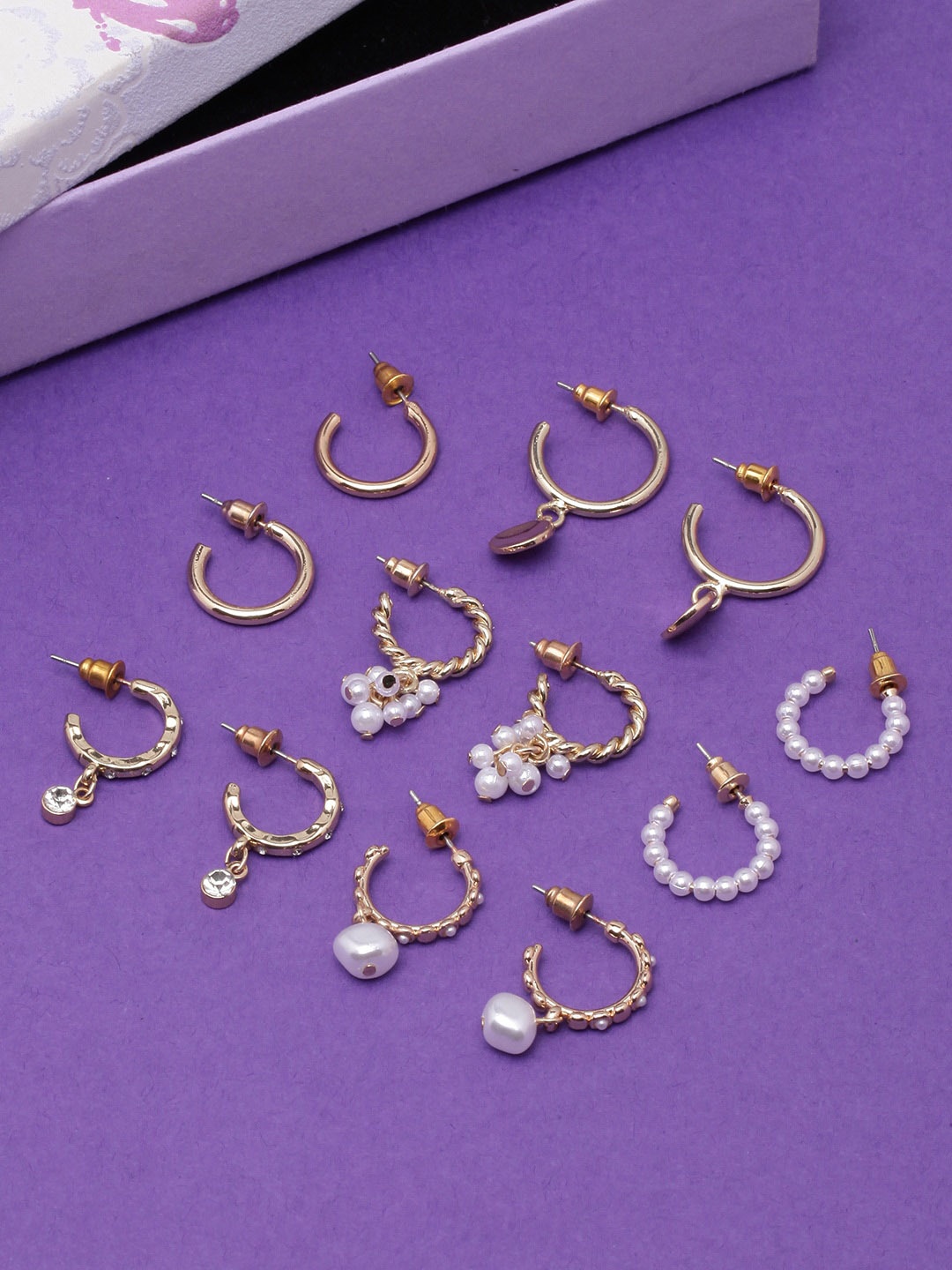 

DressBerry Set Of 6 Gold-Plated Pearls Studded Circular Half Hoop Earrings, White