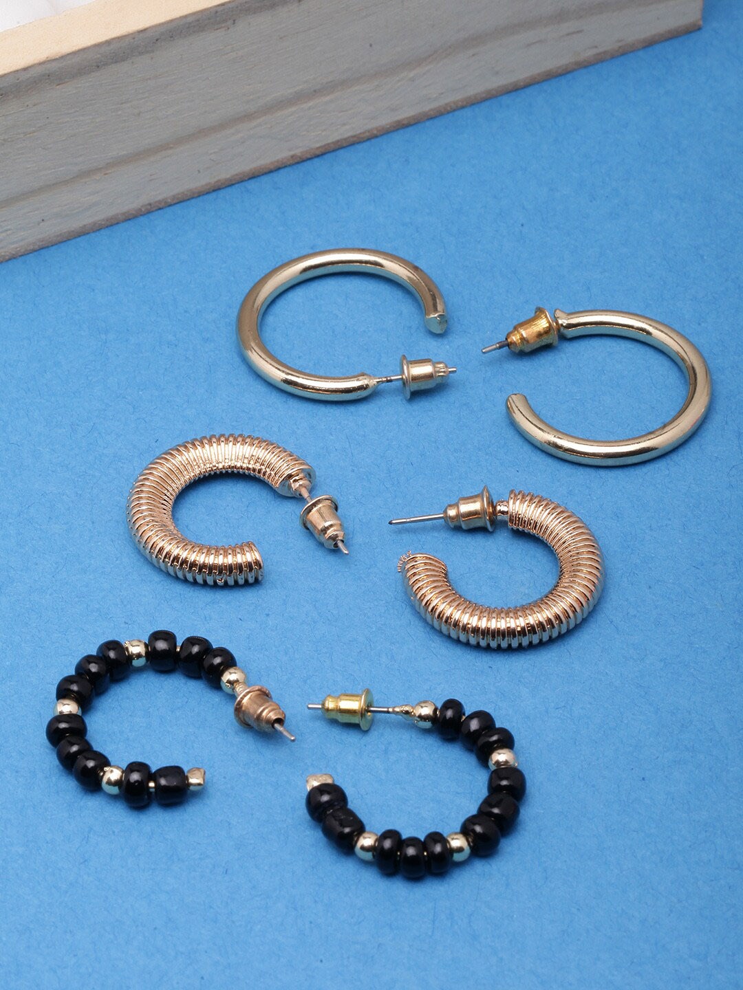 

DressBerry Set Of 3 Gold-Plated Beaded Circular Half Hoop Earrings