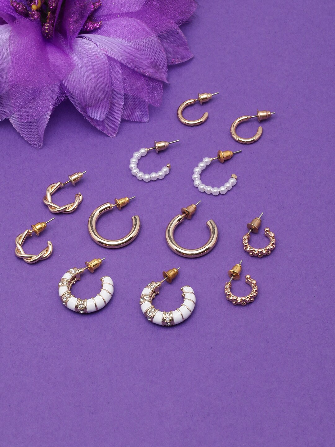 

DressBerry Set Of 6 Gold-Plated Stone-Studded & Beaded Circular Half Hoop Earrings, White