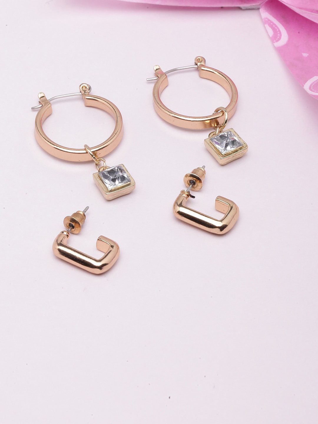 

DressBerry Set Of 2 Gold-Plated Rhinestone Studded Geometric Hoop Earrings, White
