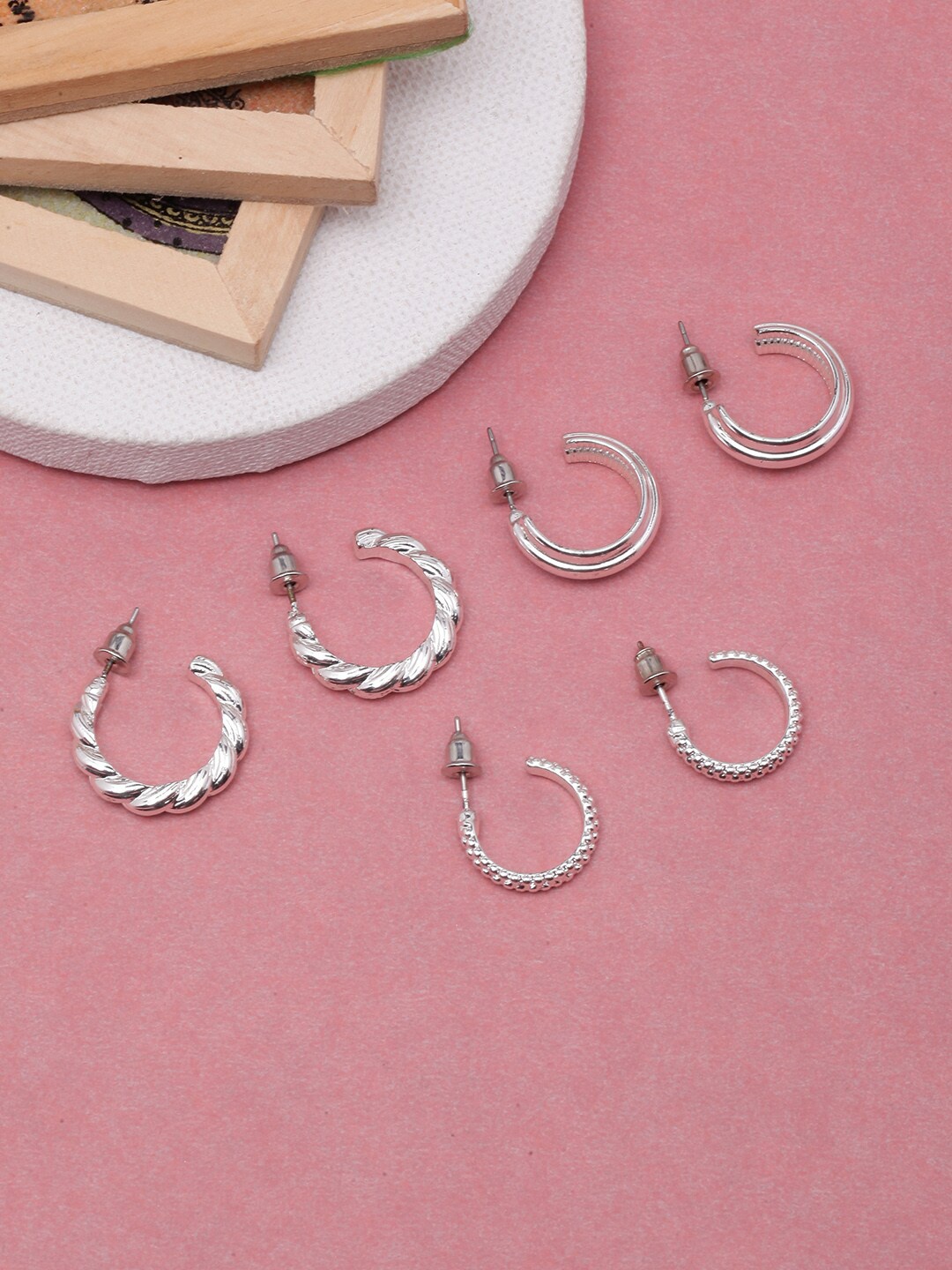 

DressBerry Set Of 3 Silver-Plated Circular Half Hoop Earrings