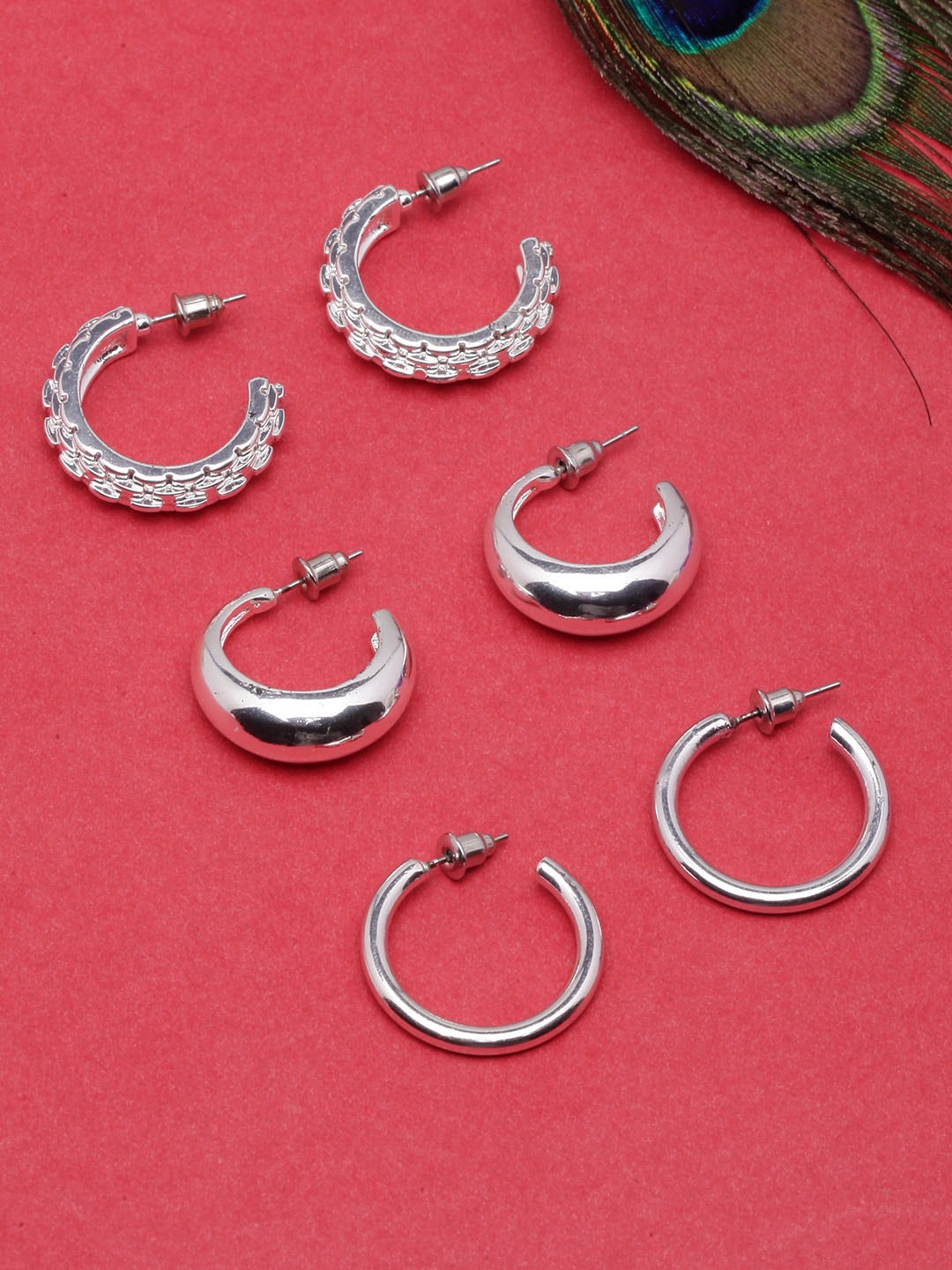 

DressBerry Set Of 3 Silver-Plated Circular Half Hoop Earrings