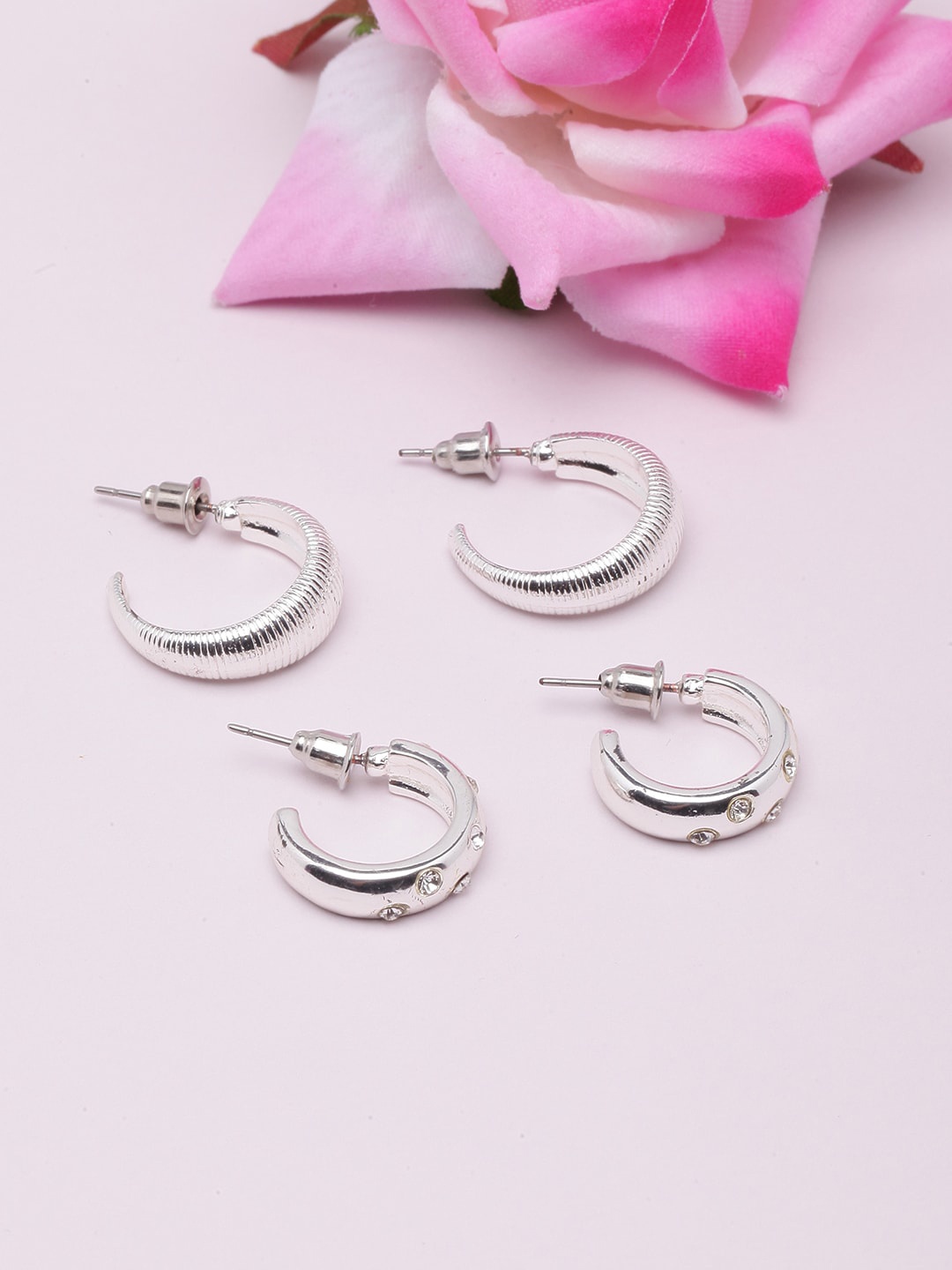 

DressBerry Set Of 2 Silver-Plated Circular Half Hoop Earrings