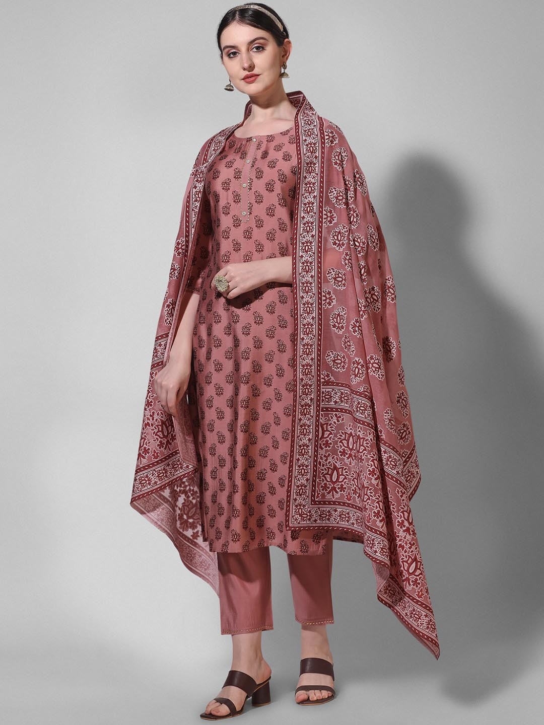 

Berrylicious Floral Printed Chanderi Cotton Gotta Patti Kurta with Trousers & Dupatta, Rust