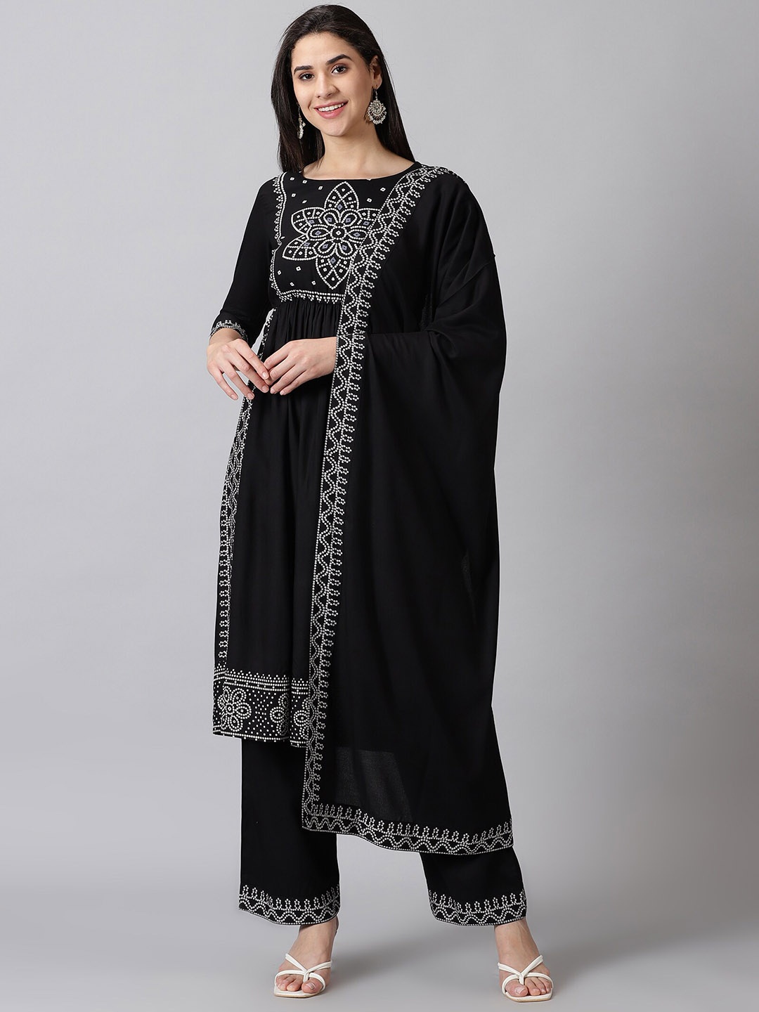 

DRESSAR Bandhani Printed Kurta with Palazzos & Dupatta, Black