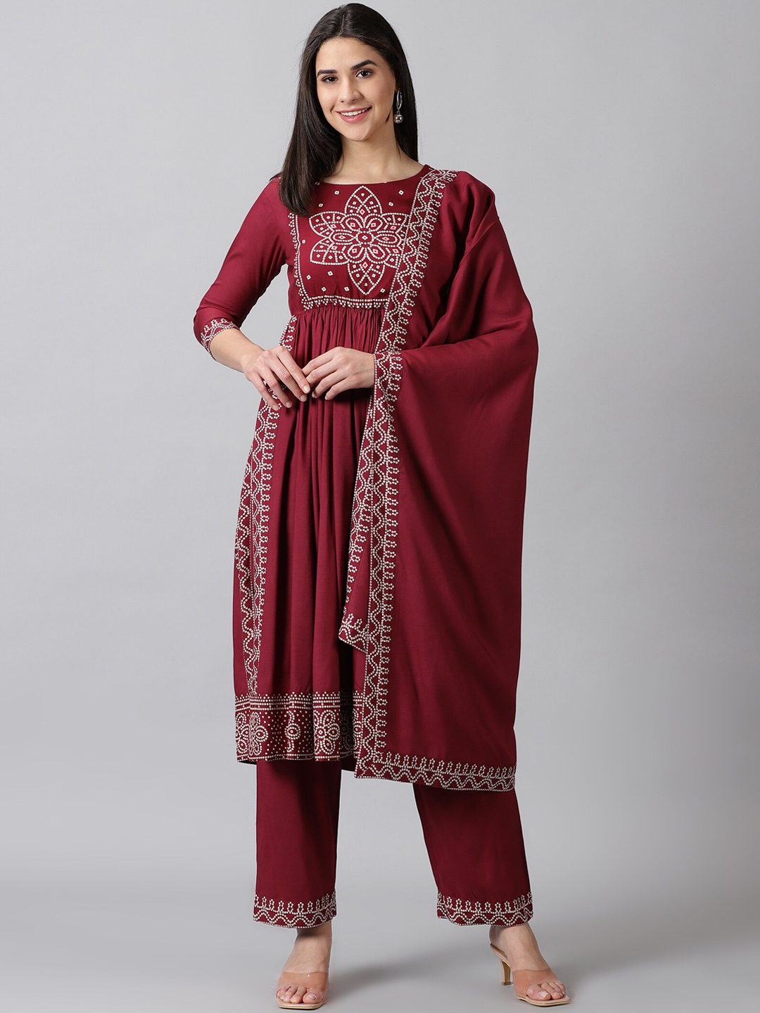 

DRESSAR Bandhani Printed A-Line Kurta with Palazzos & Dupatta, Maroon