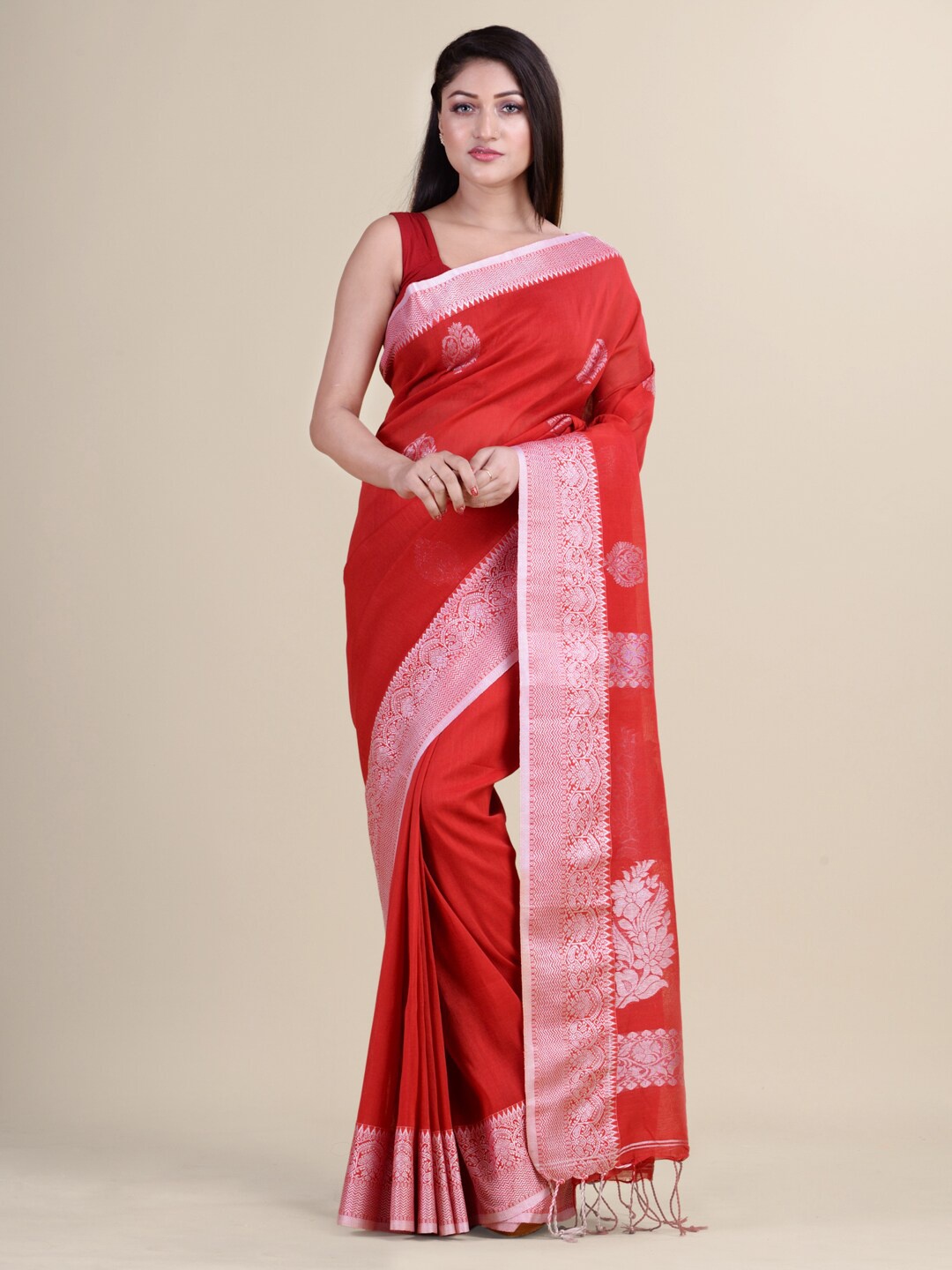

Laa Calcutta Ethnic Motifs Woven Design Zari Saree, Red