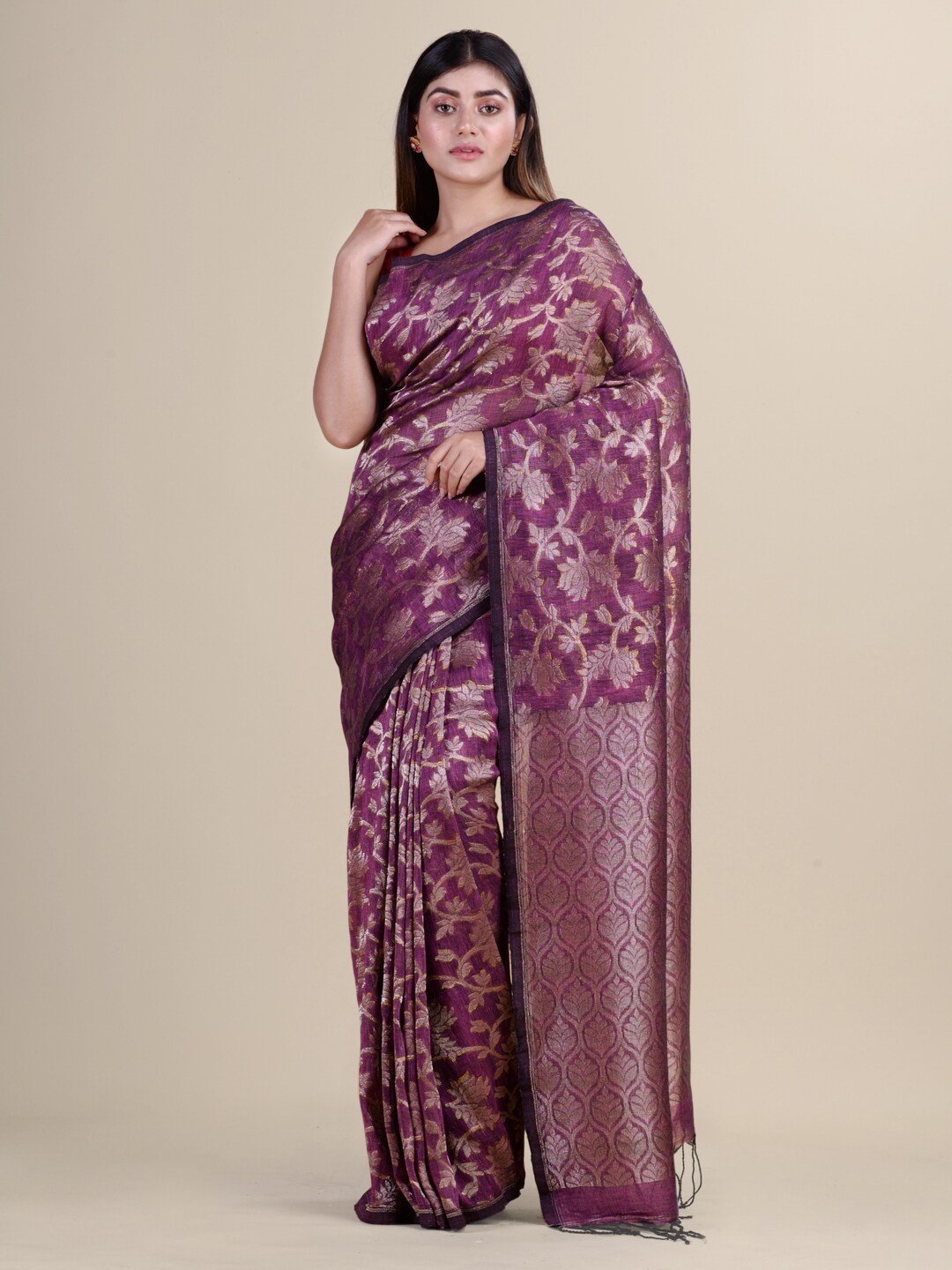 

Laa Calcutta Floral Woven Design Zari Pure Linen Saree, Purple