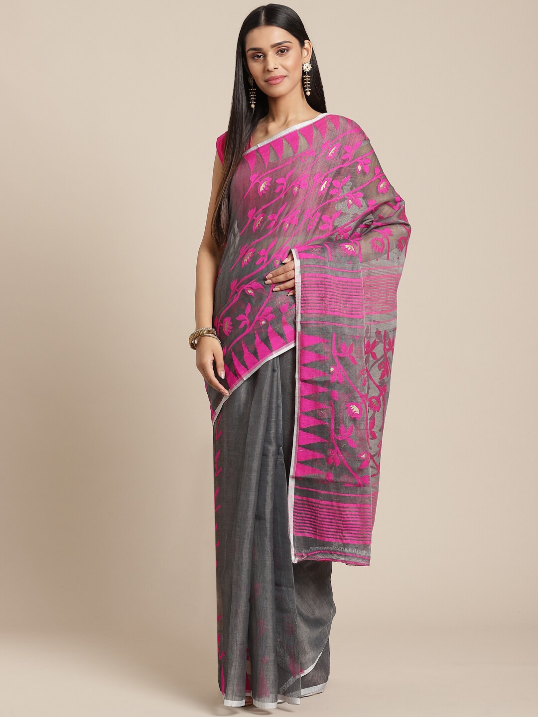

Laa Calcutta Floral Motif Woven Design Zari Jamdani Saree, Grey
