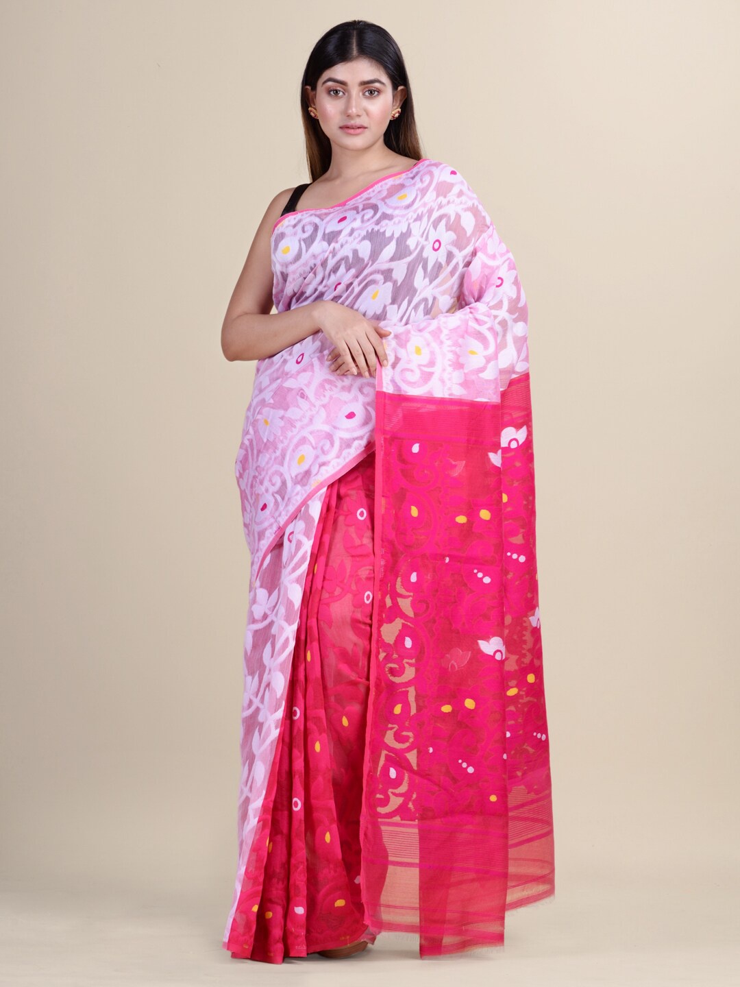 

Laa Calcutta Floral Woven Design Jamdani Saree, Pink