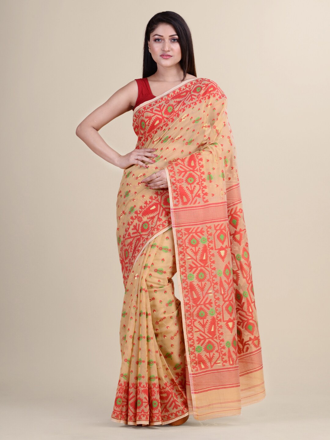 

Laa Calcutta Ethinic Motifs Woven Design Jamdani Saree, Cream
