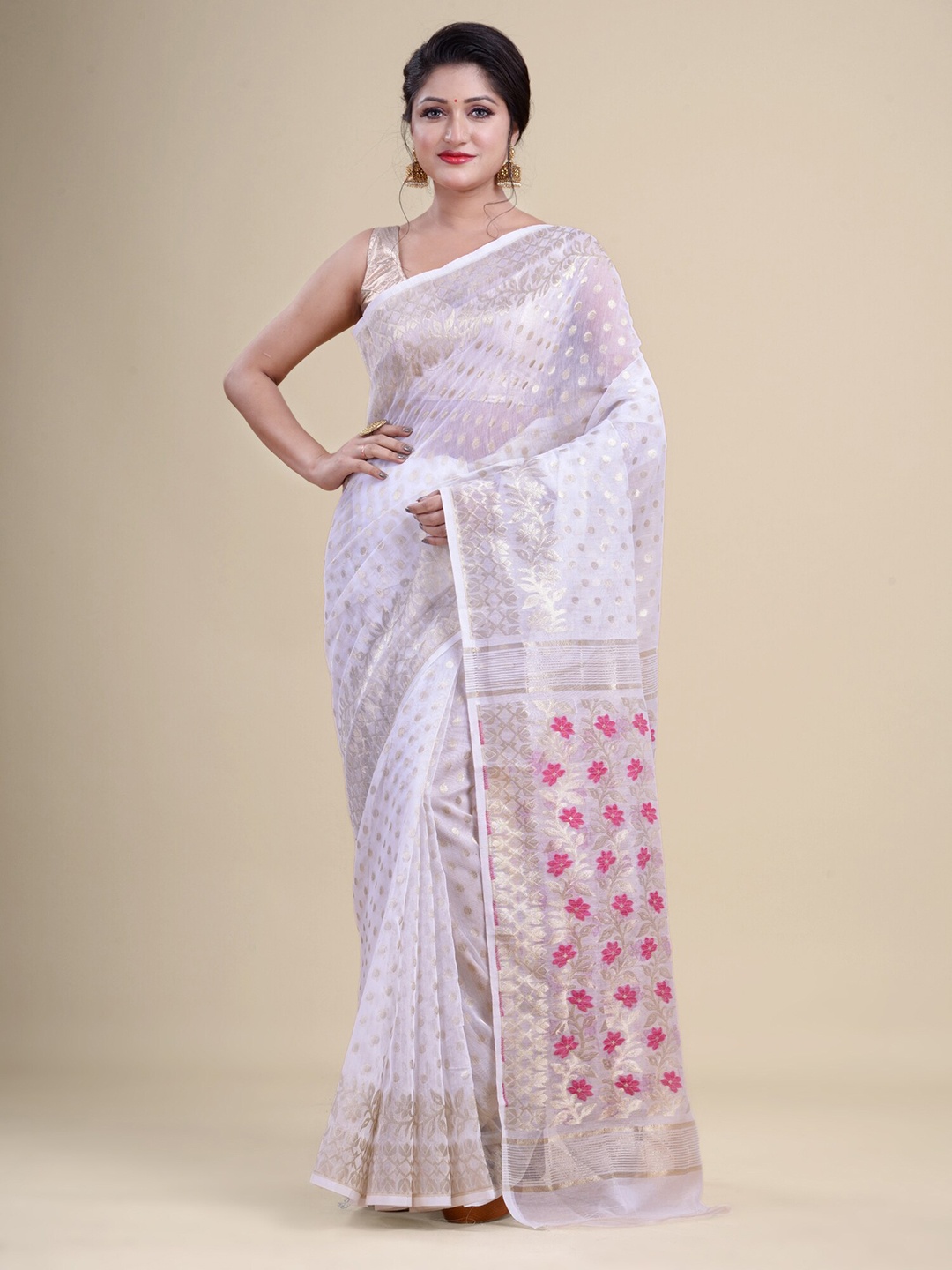 

Laa Calcutta Polka Dots Woven Design Zari Jamdani Saree, White