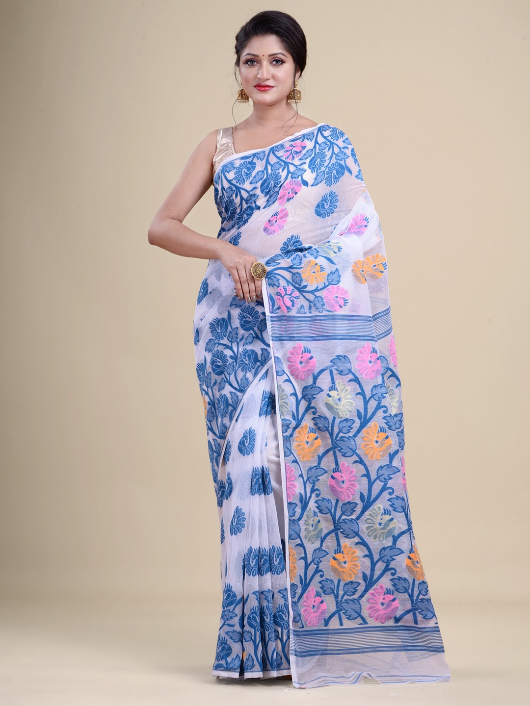 

Laa Calcutta Ethnic Woven Design Jamdani Saree, White
