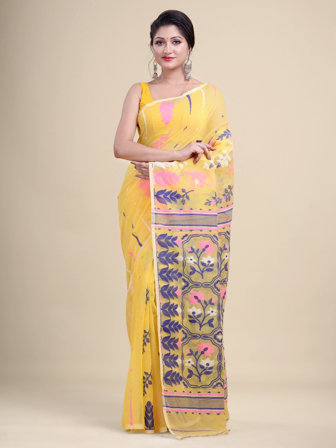 

Laa Calcutta Yellow & Navy Blue Woven Design Jamdani Saree