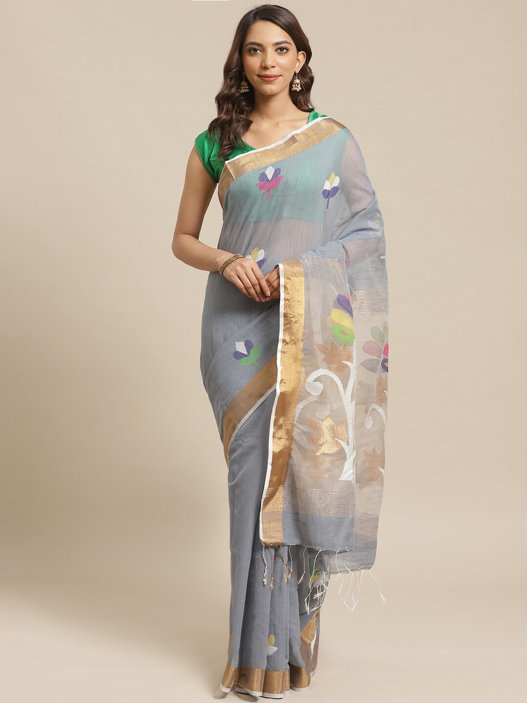 

Laa Calcutta Floral Woven Design Zari Silk Cotton Saree, Grey