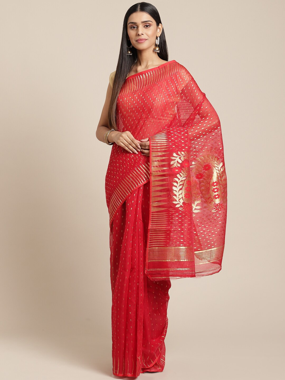 

Laa Calcutta Polka Dots Woven Design Zari Jamdani Saree, Red