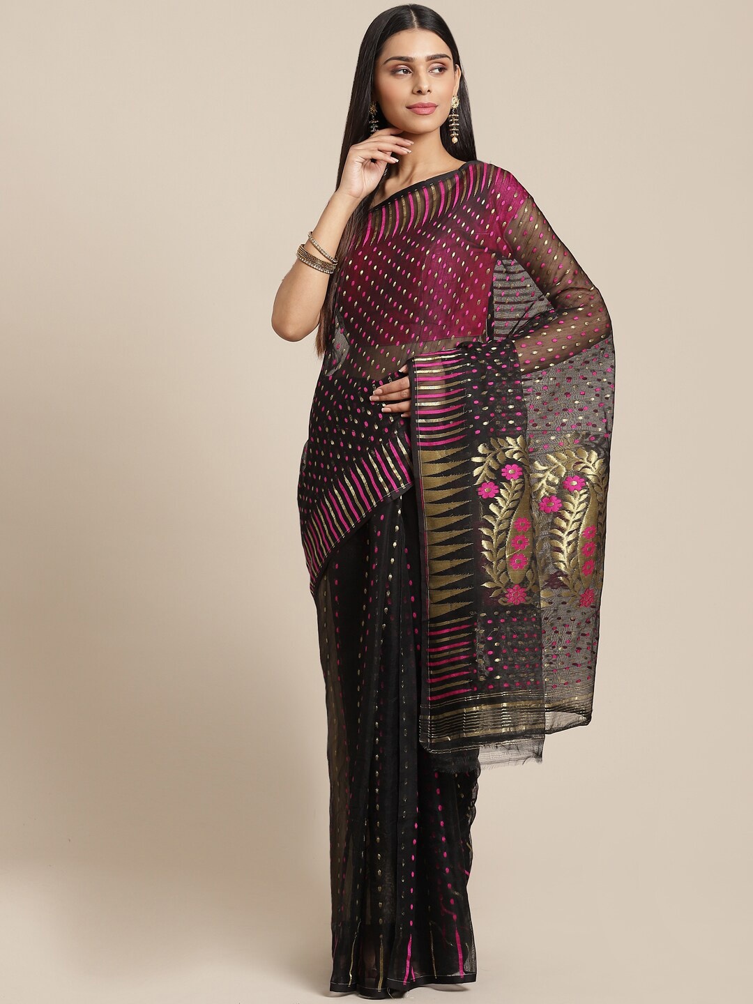 

Laa Calcutta Polka Dots Woven Design Zari Jamdani Saree, Black