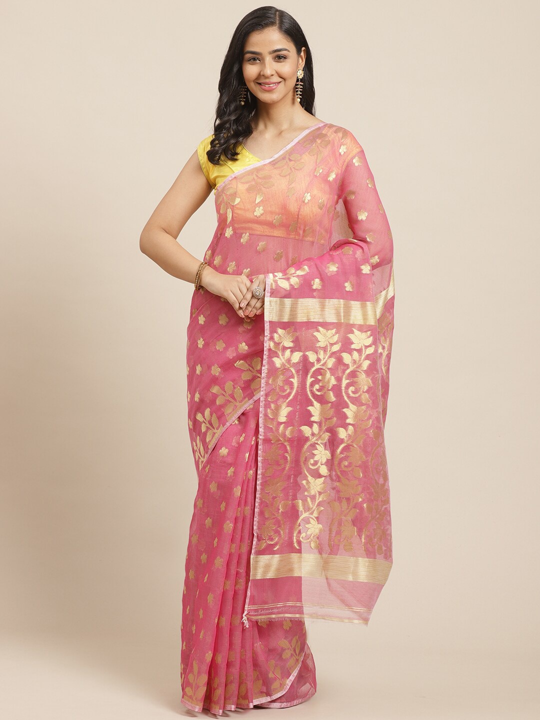 

Laa Calcutta Floral Woven Design Zari Jamdani Saree, Pink