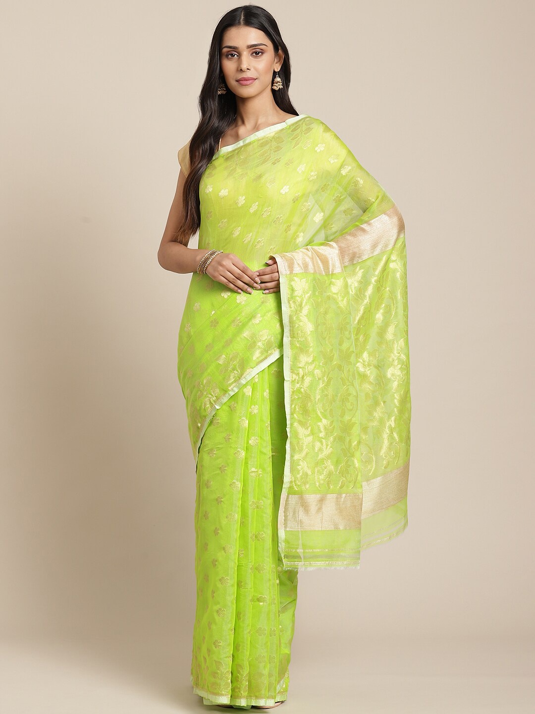 

Laa Calcutta Floral Woven Design Zari Jamdani Saree, Green
