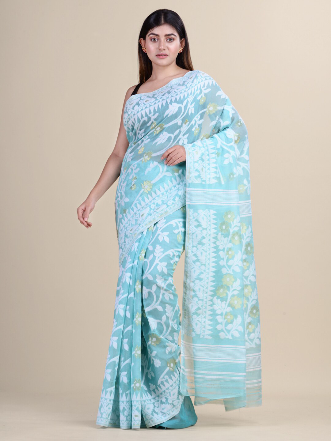 

Laa Calcutta Floral Woven Design Jamdani Saree, Sea green