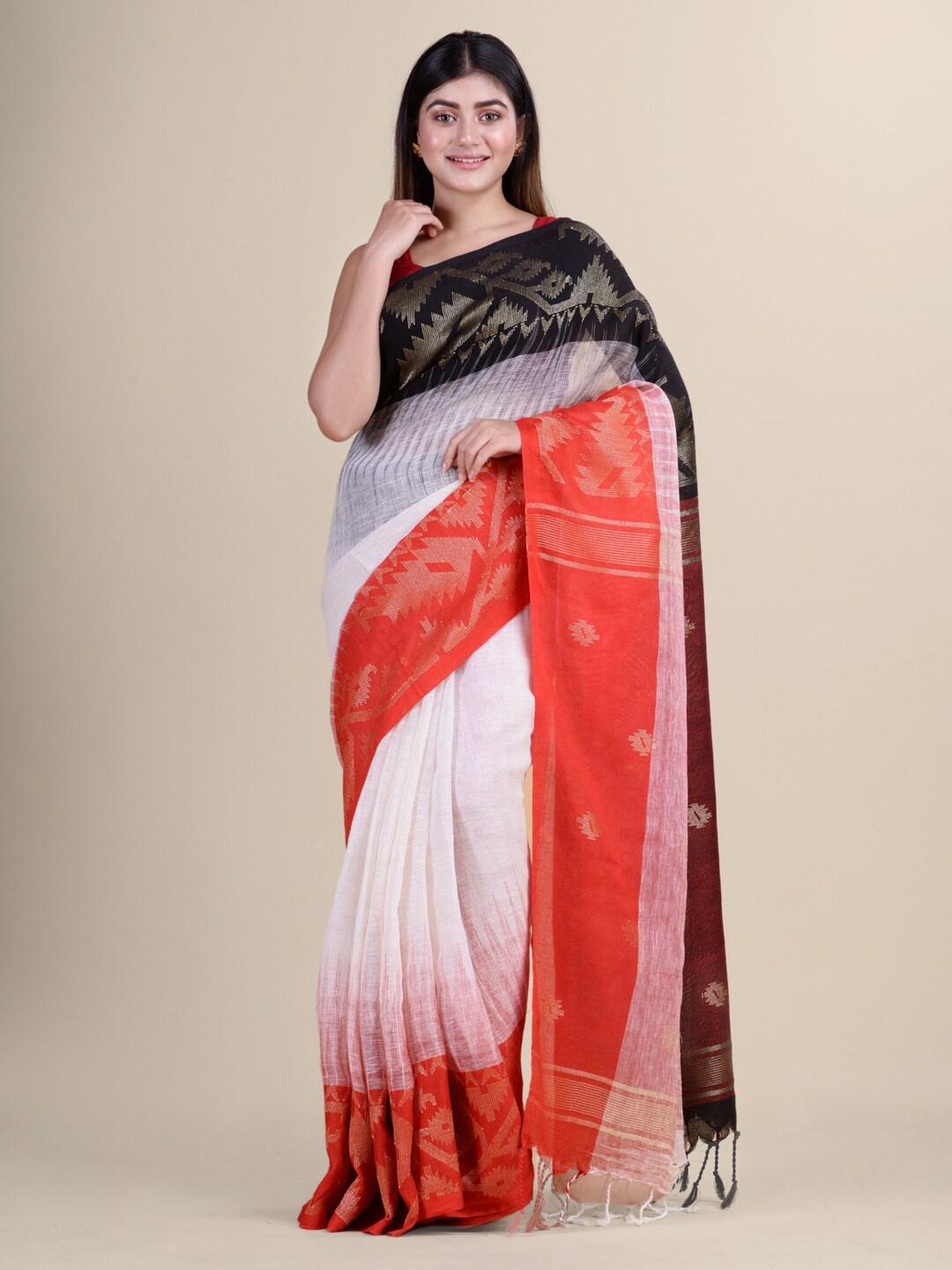 

Laa Calcutta Woven Design Border Pure Linen Saree, Red