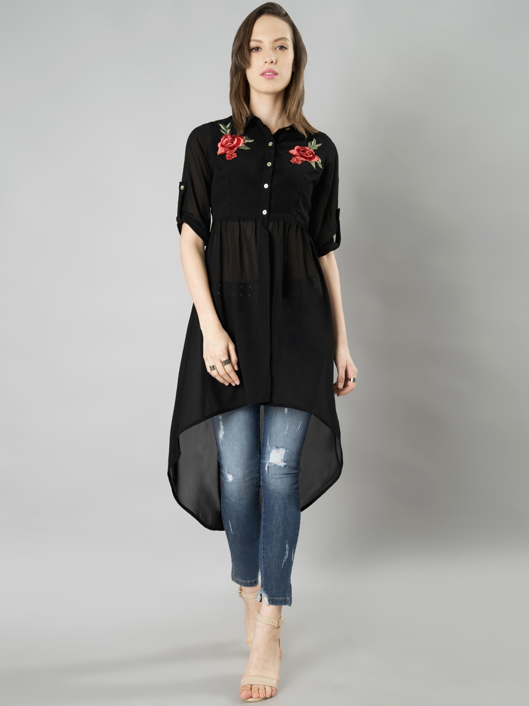 

FabAlley Women Black Solid Shirt-Style Longline Top