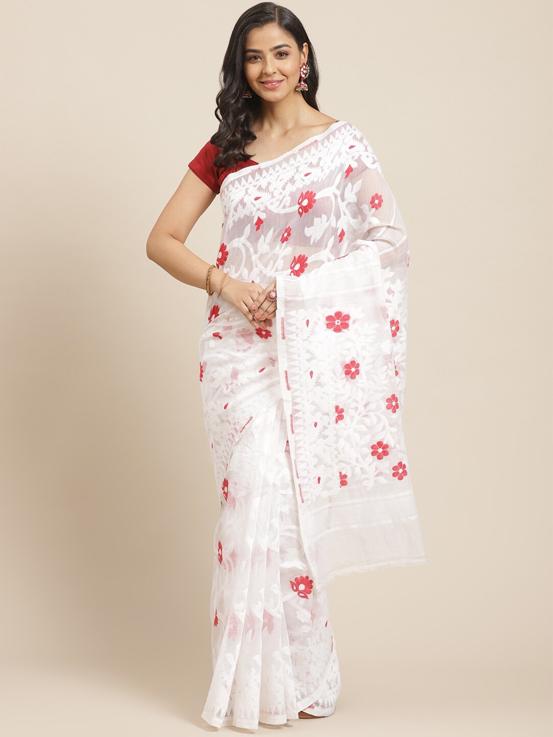 

Laa Calcutta Floral Woven Design Jamdani Saree, White